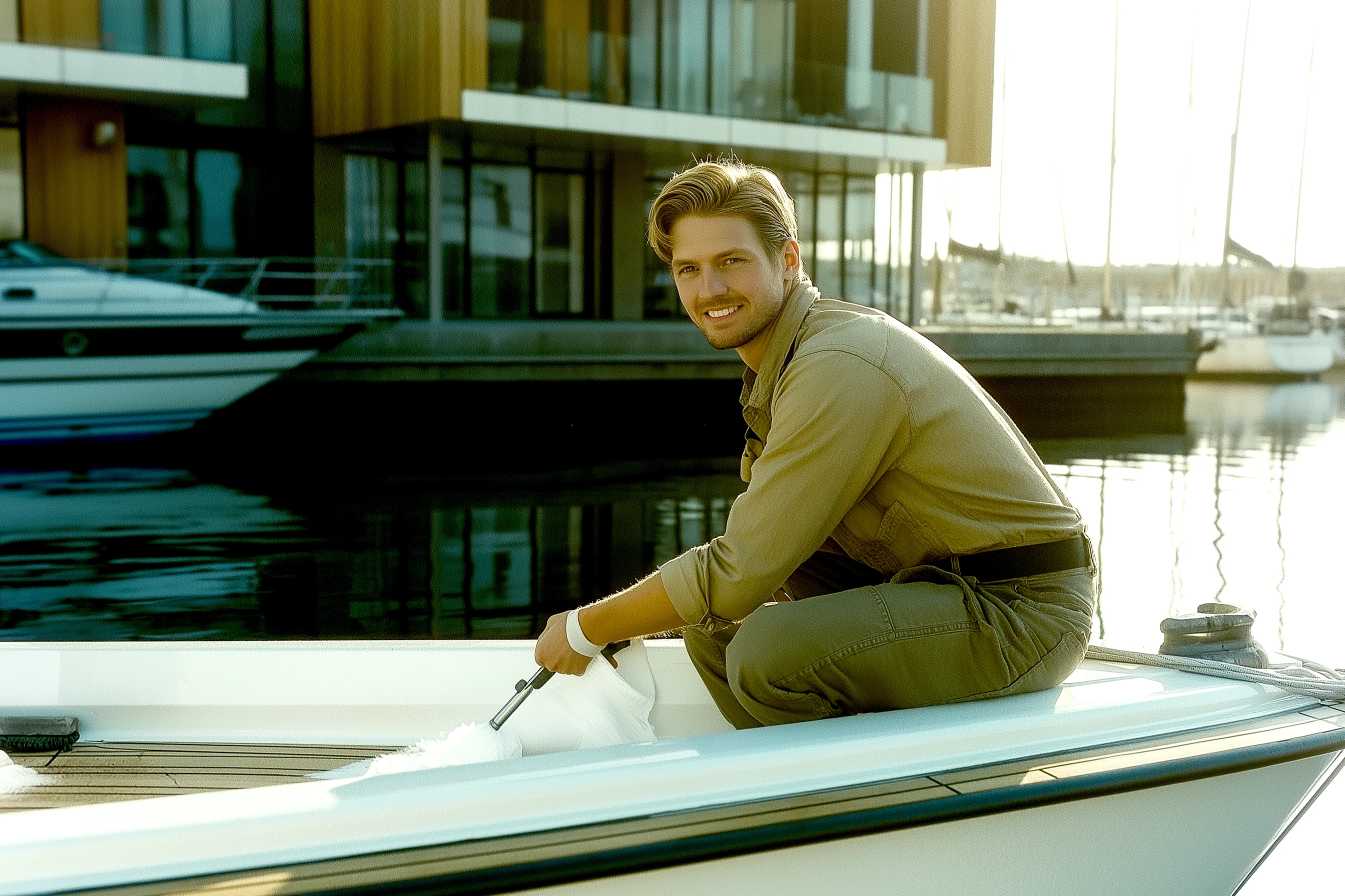 Mann putzt Bootsdeck